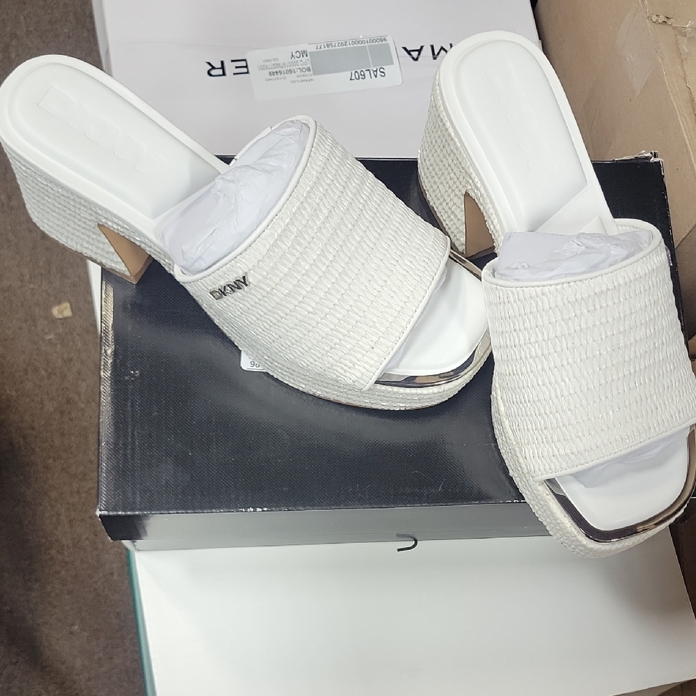 DKNY White Textured Open-Toe Heels